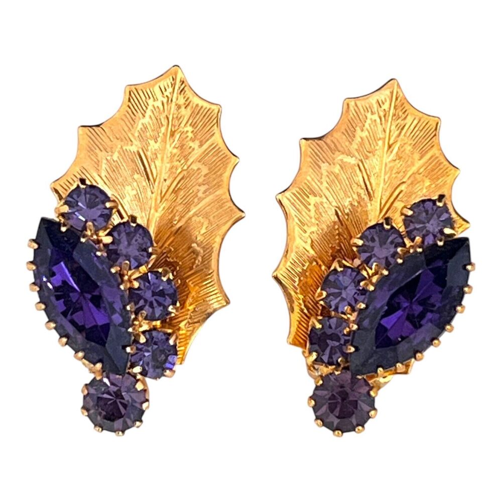 Vintage 1960s Navette Rhinestone Leaf Earrings Purple Crystal Gold Tone - 8O
